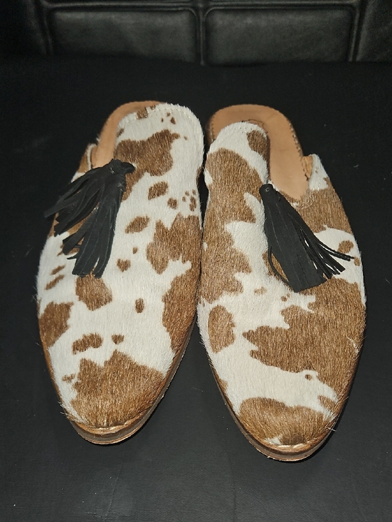 Shoes - Cowhide Tassel Backless Mules - Brown & White Size 9